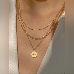 Gold Plated Stainless Steel Star Disc 3-Piece Layered Necklace Set